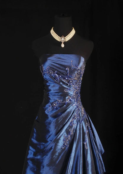 Navy A Line Strapless Satin Pleated Beads Long Prom Dress,Party Dress,Formal Evening Dress GG4136