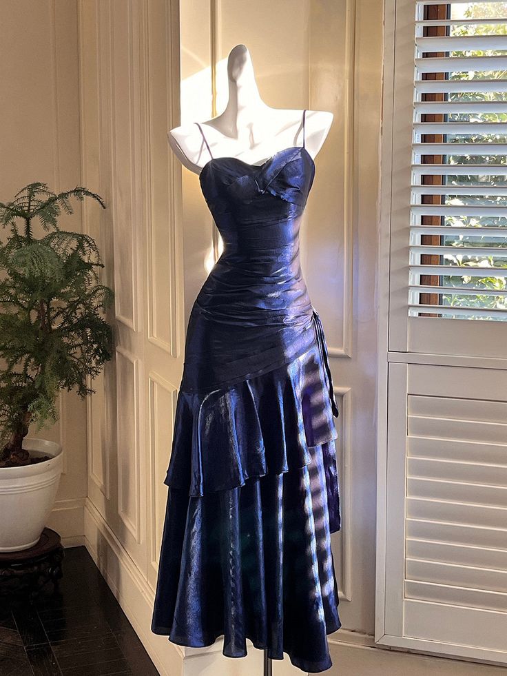 Classy Navy A Line Spaghetti Straps Satin Long Prom Dress,Party Dress,Formal Evening Dress GG4137