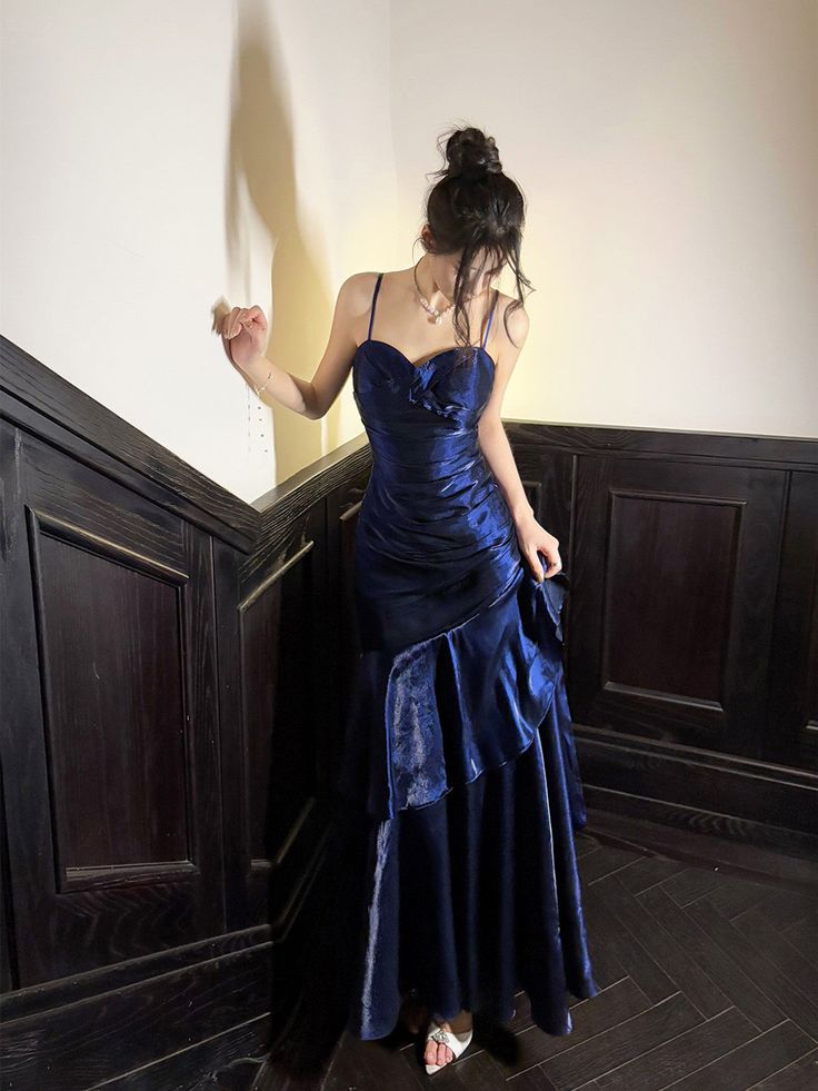 Classy Navy A Line Spaghetti Straps Satin Long Prom Dress,Party Dress,Formal Evening Dress GG4137