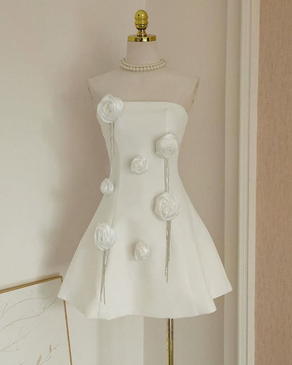 Pretty A Line Strapless Satin With Flowers Short Homecoming Dress,Summer 17th Birthday Dress GG4197
