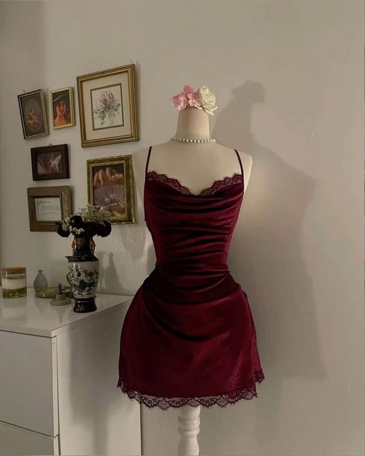 Sheath Mermaid Spaghetti Straps Burgundy Satin Lace Short Homecoming Dress,Summer 20th Birthday Dress GG4198