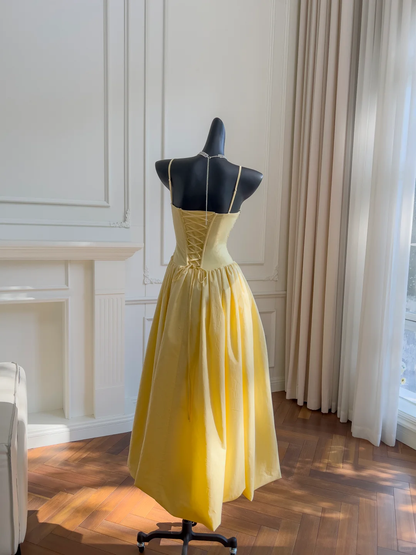 Classy Yellow A Line Spaghetti Straps Satin Pleated Long Prom Dress,Party Dress,Formal Evening Dress GG4219
