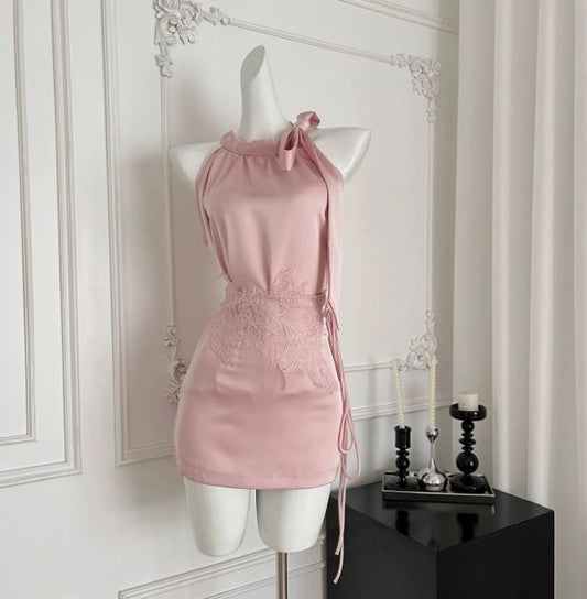 A Line Sheath Halter Satin Lace Short Homecoming Dress,Summer 18th Birthday Dress GG4493