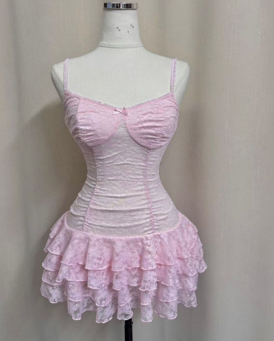 Pretty Pink A Line Spaghetti Straps Lace Tiered Short Homecoming Dress,Summer 19th Birthday Dress GG4497