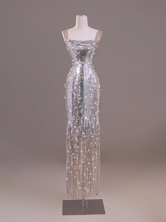 Glitter Mermaid Beading Straps Sequin Silver Tulle Tassel Long Prom Dress, Evening Dress GG459