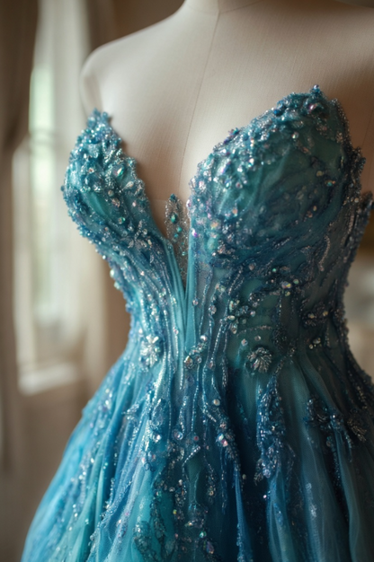 Chic A Line Sweetheart Turquoise Gradient Beading Tulle Long Prom Dress, Evening Dress GG461