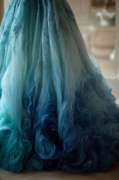 Chic A Line Sweetheart Turquoise Gradient Beading Tulle Long Prom Dress, Evening Dress GG461