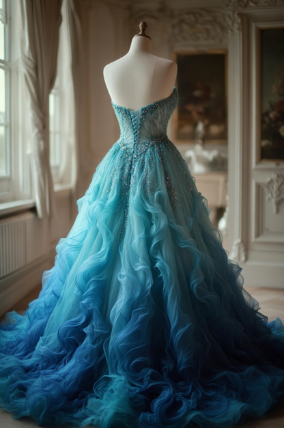 Chic A Line Sweetheart Turquoise Gradient Beading Tulle Long Prom Dress, Evening Dress GG461