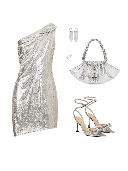 Glitter Mermaid One Shoulder Silver Satin Sequin Short Homecoming Dress,Vacation Dress,Summer 20th Birthday Dress GG4637