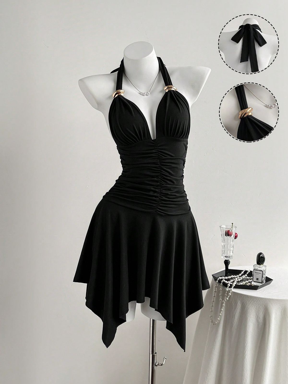 Chic A Line Halter Black Pleated Satin Short Homecoming Dress,Vacation Dress,Summer 17th Birthday Dress GG4675