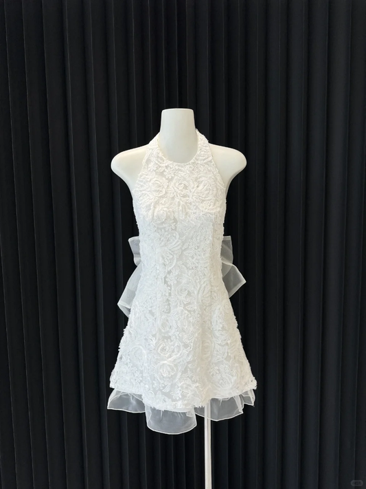 Fairy A Line Halter Lace Tulle Backless With Bow Short Homecoming Dress,Vacation Dress,Summer 19th Birthday Dress GG4682