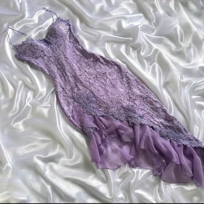 Purple Mermaid Spaghetti Straps Lace Chiffon Ruffle Hem Short Homecoming Dress,Vacation Dress,Summer 20th Birthday Dress GG4706