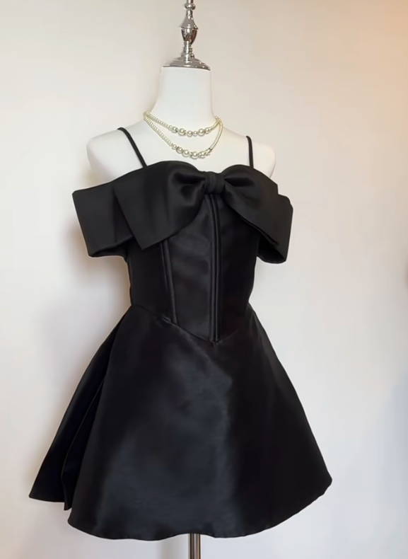 Cute A Line Spaghetti Straps Black Satin Short Homecoming Dress,Vacation Dress,Summer 17th Birthday Dress GG4709