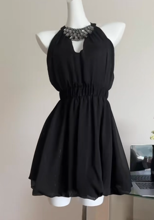 Elegant A Line Halter Black Chiffon Beads Short Homecoming Dress,Vacation Dress,Summer 19th Birthday Dress GG4713