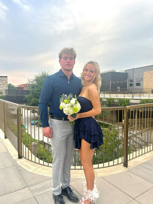 Chic A Line Strapless Navy Blue Satin Short Homecoming Dress,Vacation Dress,Summer 18th Birthday Dress GG4744