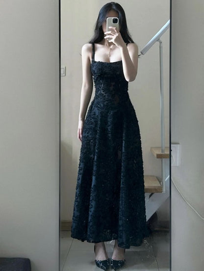 Romatic A Line Spaghetti Straps Black Lace Long Prom Dress,Party Dress,Formal Evening Dress GG4868