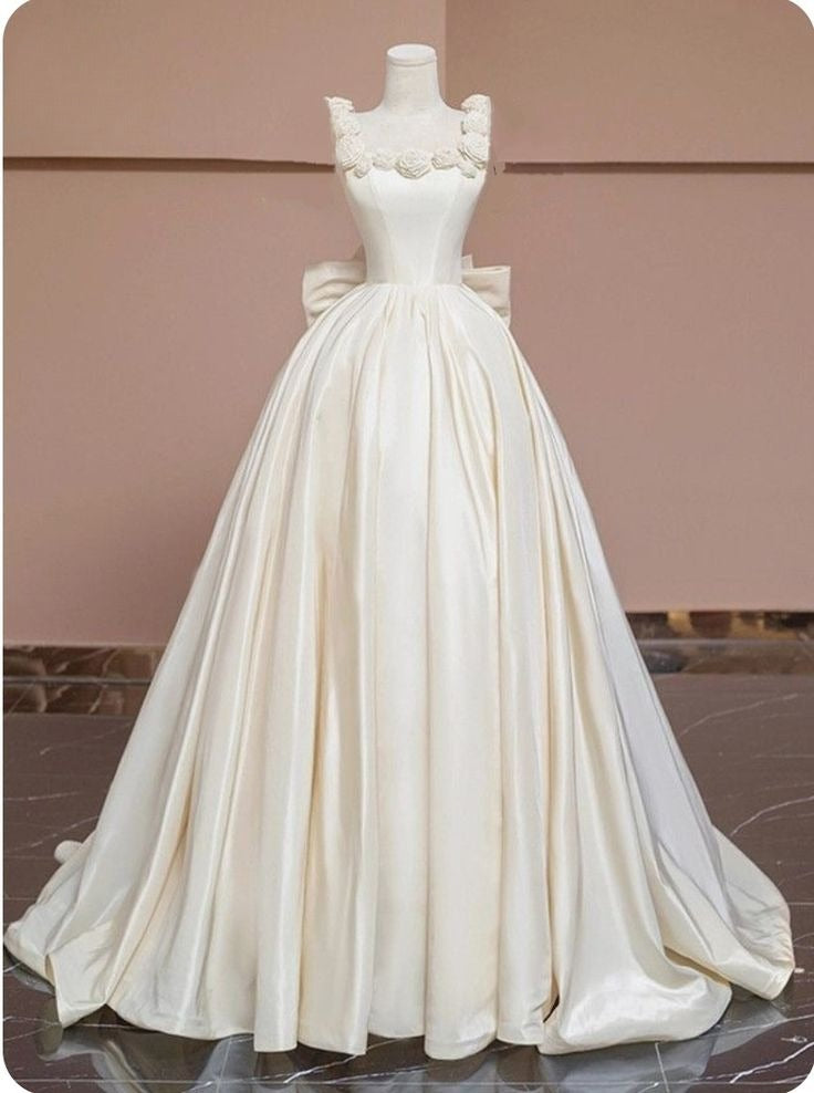 Pretty Ball Gown Square Satin With Flowers Long Prom Dress,Wedding Dress,Formal Evening Dress GG4894