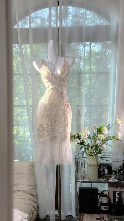 Style Short Mermaid V Neck Lace Sequin Short Homecoming Dress,Vacation Dress,Summer 20th Birthday Dress GG4917