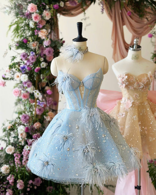 Pretty Pale Blue Ball Gown Strapless Sequin Beads Feather Short Homecoming Dress,Vacation Dress,Summer 17th Birthday Dress GG4926