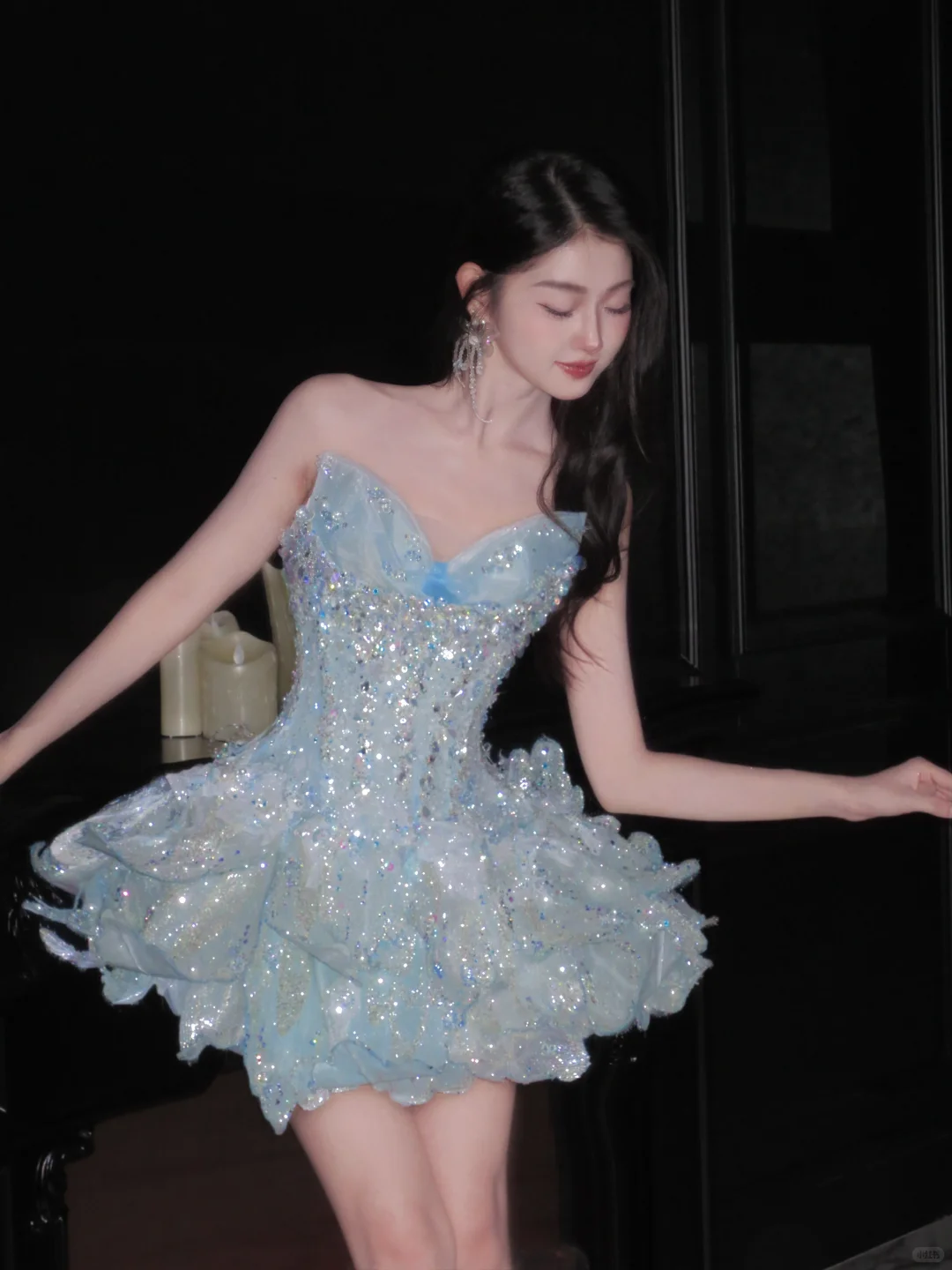 Aesthetic Pale Blue Ball Gown Strapless Sequin Beads Short Homecoming Dress,Vacation Dress,Summer 17th Birthday Dress GG4927