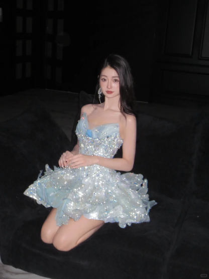 Aesthetic Pale Blue Ball Gown Strapless Sequin Beads Short Homecoming Dress,Vacation Dress,Summer 17th Birthday Dress GG4927