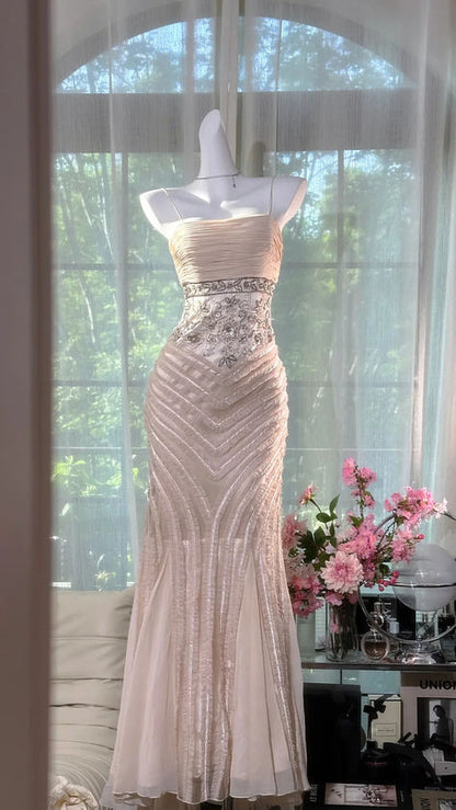 Elegant Mermaid Spaghetti Straps Pleated Chiffon Lace Long Prom Dress,Party Dress,Formal Evening Dress GG4947