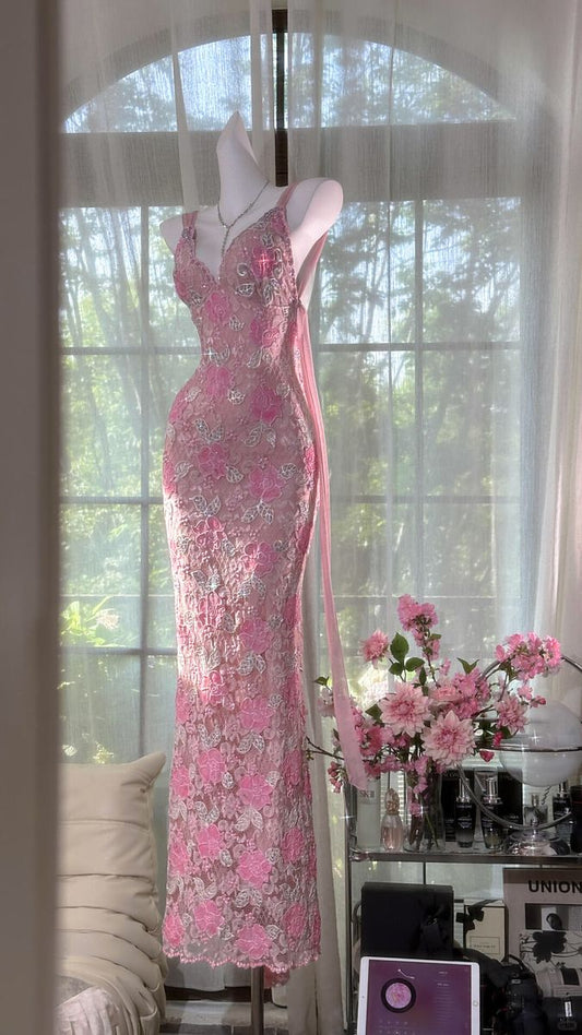 Sexy Mermaid V Neck Lace Backless Long Prom Dress,Party Dress,Formal Evening Dress GG4948