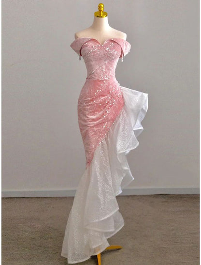 Chic Mermaid Off the Shoulder Pink Satin Pearl Sequin Long Prom Dress,Evening Dress GG497