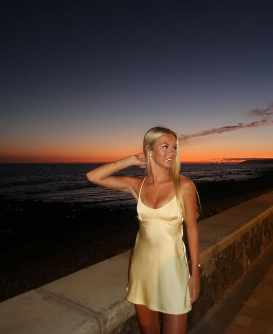 Elegant Pastel Yellow A Line Spaghetti Straps Satin Short Homecoming Dress,Vacation Dress,Summer 17th Birthday Dress GG5005