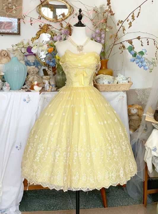 Sweet Ball Gown Yellow Strapless Tulle Lace Tea Length Homecoming Dress,Vacation Dress,Summer 16th Birthday Dress GG5009
