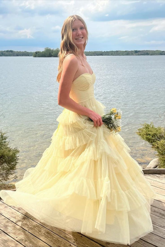 Pretty Pastel Yellow A Line Strapless Layer Tulle Long Prom Dress,Party Dress,Formal Evening Dress GG5024