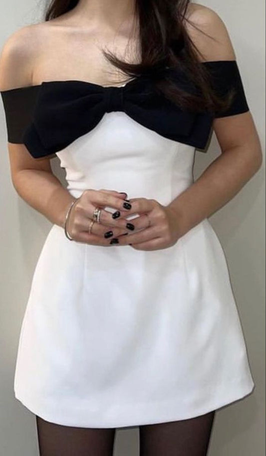 Princess A Line Off The Shoulder Satin With Bow Short Homecoming Dress,Vacation Dress,18th Birthday Dress GG5050