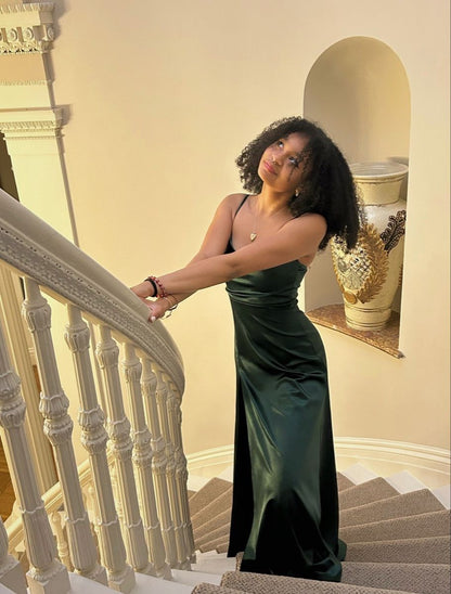 Dark Green Mermaid Spaghetti Straps Satin Slit Long Prom Dress,Evening Dress GG5096