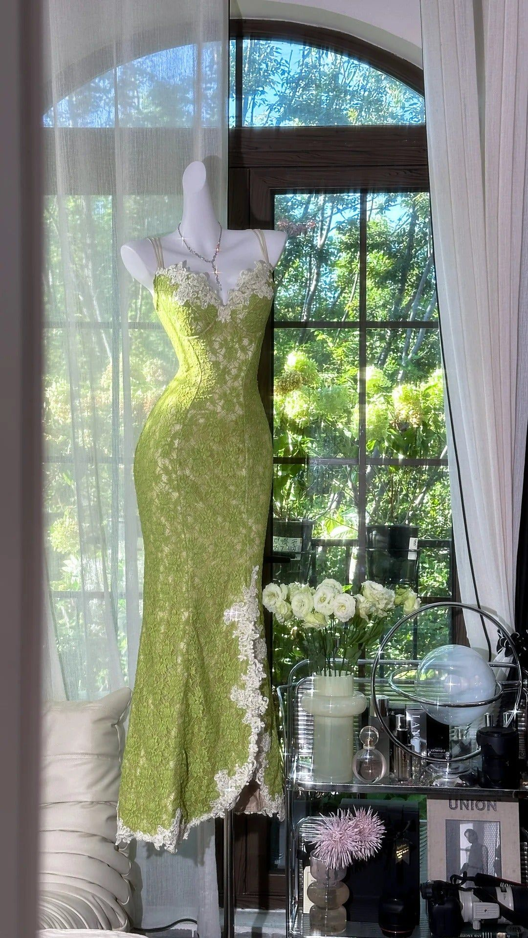 Chic Metmaid Spaghetti Straps Lace Slit Long Prom Dress,Evening Dress GG5118