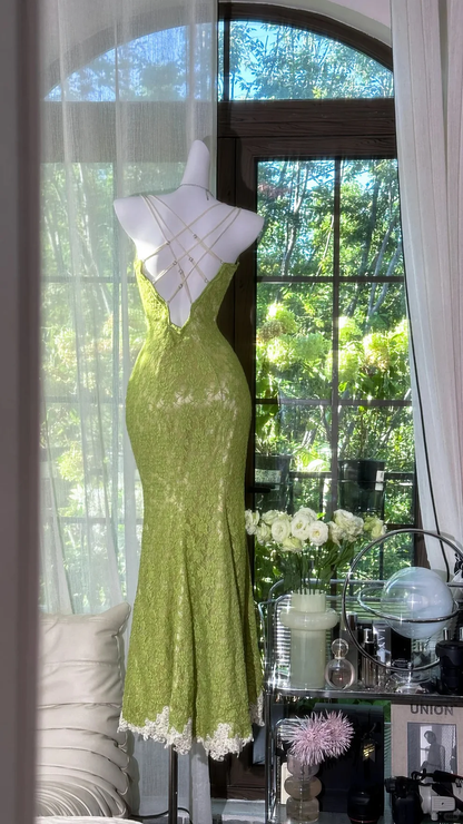 Chic Metmaid Spaghetti Straps Lace Slit Long Prom Dress,Evening Dress GG5118