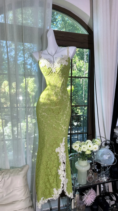Chic Metmaid Spaghetti Straps Lace Slit Long Prom Dress,Evening Dress GG5118