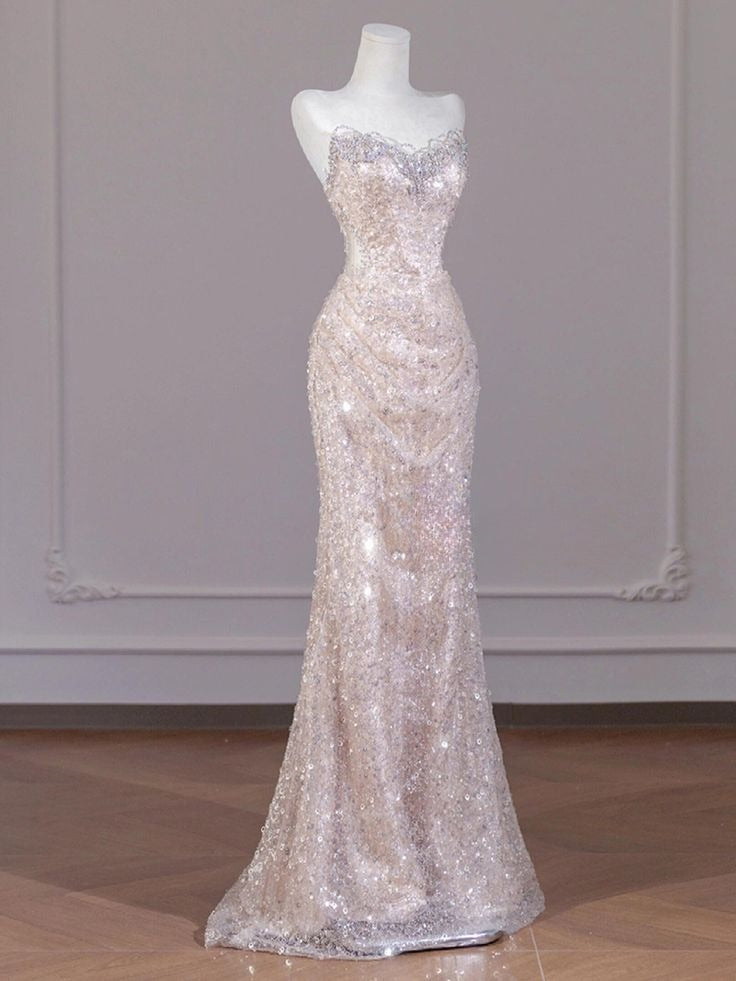 Shiny Mermaid Strapless Tulle Sequin Beaded Long Prom Dress,Evening Dress GG5119