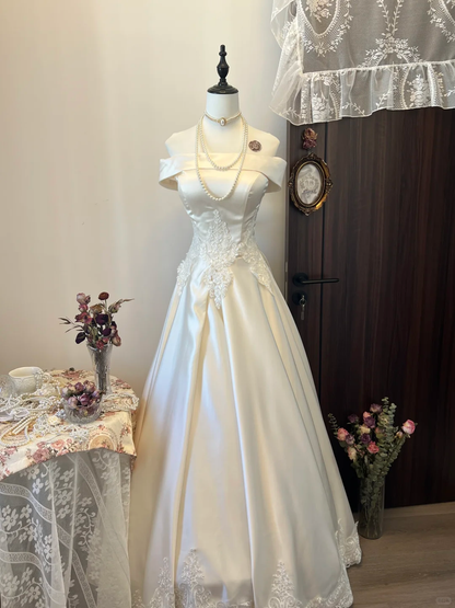 Modest A Line Off The Shoulder Satin Lace Long Prom Dress,Evening Dress GG5126