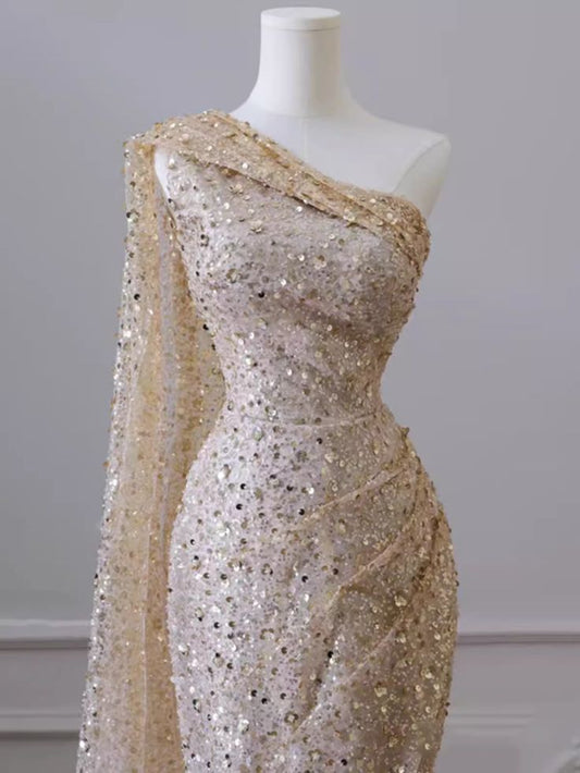 Sexy Mermaid One Shoulder Champagne Sequin Slit Long Prom Dress ,Evening Dress GG513