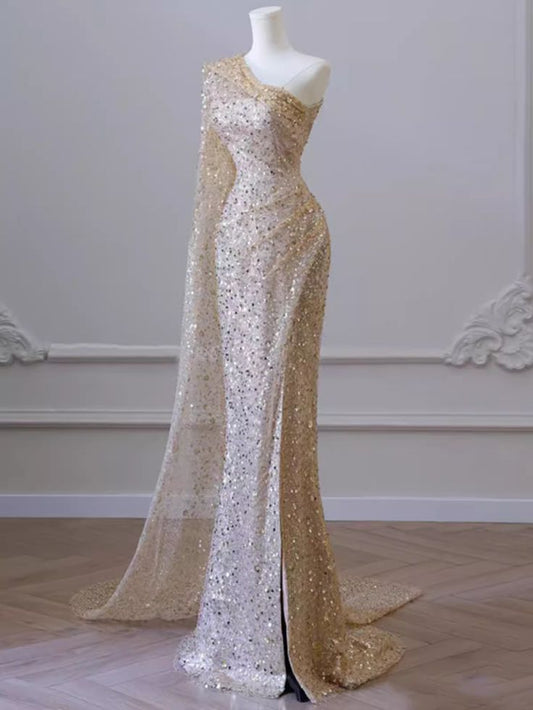 Sexy Mermaid One Shoulder Champagne Sequin Slit Long Prom Dress ,Evening Dress GG513