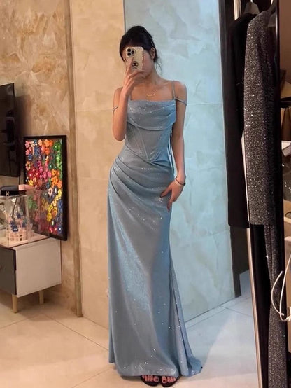 Shiny Mermaid Spaghetti Straps Satin Sequin Long Prom Dress,Evening Dress GG5138