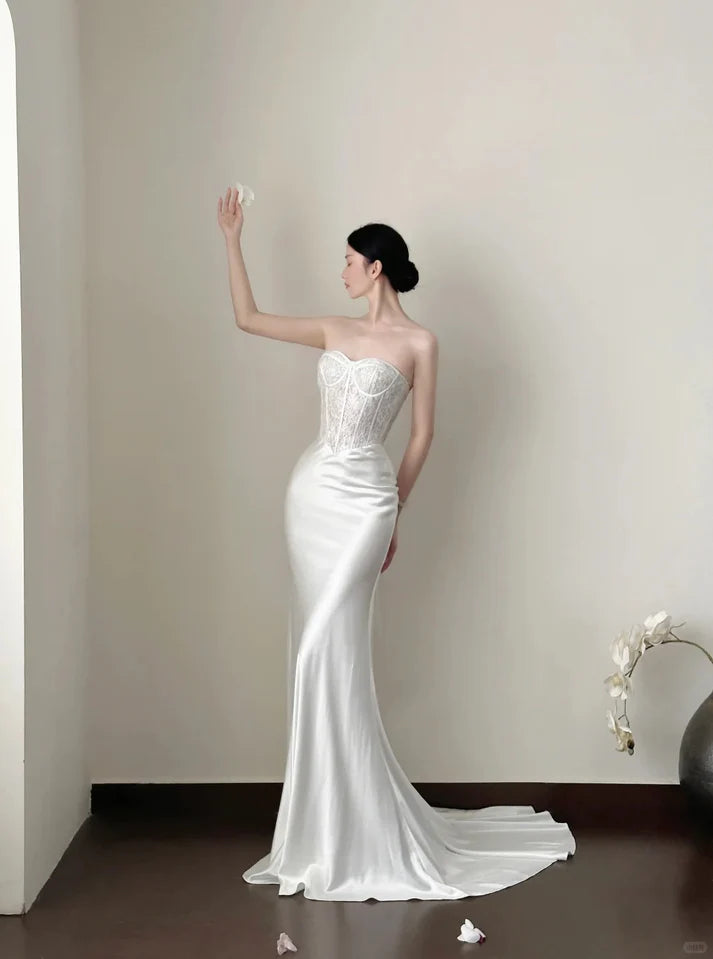 Modest Mermaid Sweetheart Satin Lace Long Prom Dress,Evening Dress GG5172