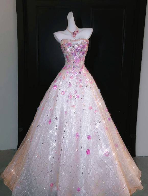 Pretty A Line Strapless Tulle Sequin Applique Long Prom Dress,Evening Dress GG5207