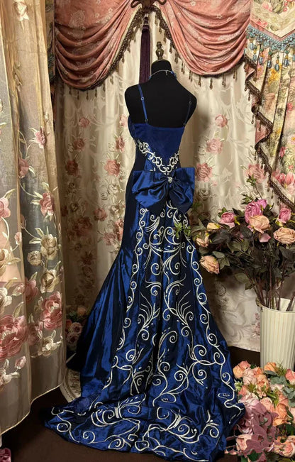 Navy Blue Vintage Mermaid Spaghetti Straps Satin Long Prom Dress,Evening Dress GG5215