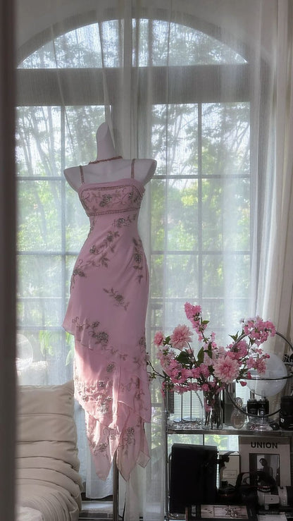 Pretty Pink Mermaid Spaghetti Straps Chiffon Tiered Sequin Long Prom Dress,Evening Dress GG5216