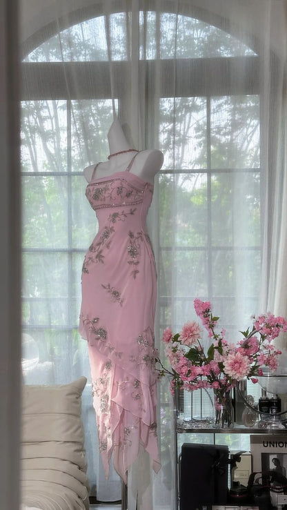 Pretty Pink Mermaid Spaghetti Straps Chiffon Tiered Sequin Long Prom Dress,Evening Dress GG5216