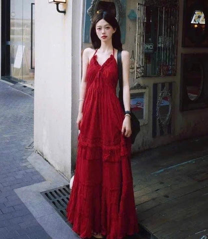 Charming Burgundy A Line Halter Burgundy Satin Ruffle Long Prom Dress,Evening Dress GG5234