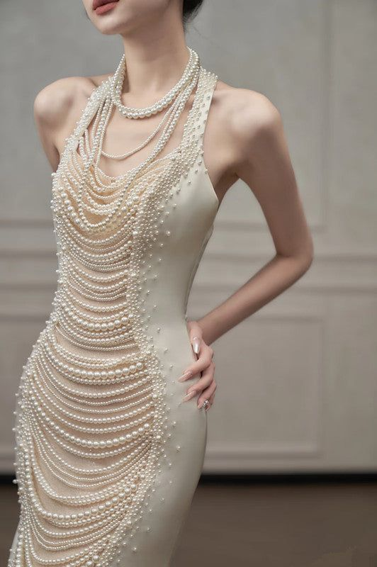 Gorgeous Mermaid Halter Satin Pearls Without Sleeves Long Prom Dress,Evening Dress GG5307
