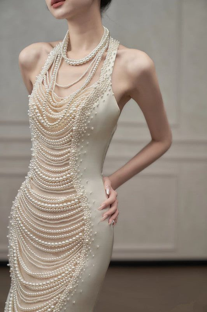 Gorgeous Mermaid Halter Satin Pearls Without Sleeves Long Prom Dress,Evening Dress GG5307