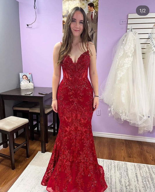 Pretty Burgundy Mermaid Spaghetti Straps Tulle Lace Sequin Without Sleeves Long Prom Dress,Evening Dress GG5314